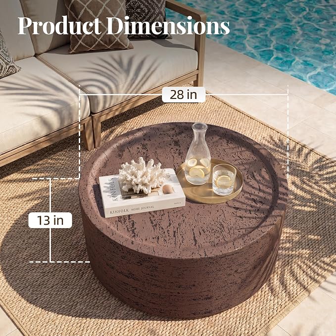 UPHA 28" Round Outdoor Coffee Table, Modern Hollow Concrete Patio Table, Small Minimalist Low Accent Table for Living Room, Balcony, Deck, Backyard, Rust Red