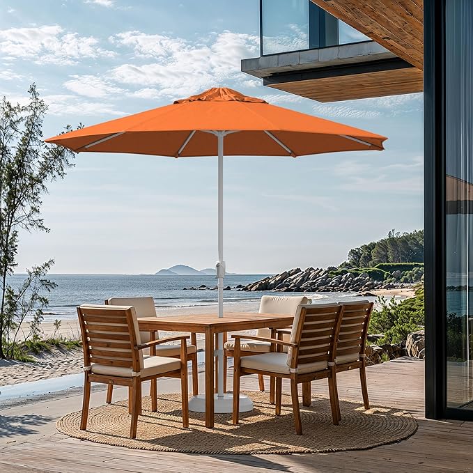 California Umbrella 10-Year Protection 9 Ft Outdoor Patio Umbrella, Pacifica Fade-Resistant Fabric, Auto-Tilt, Heavy Duty Aluminum Frame, 8 Reinforced Ribs for Pool or Deck, White Pole, Tuscan