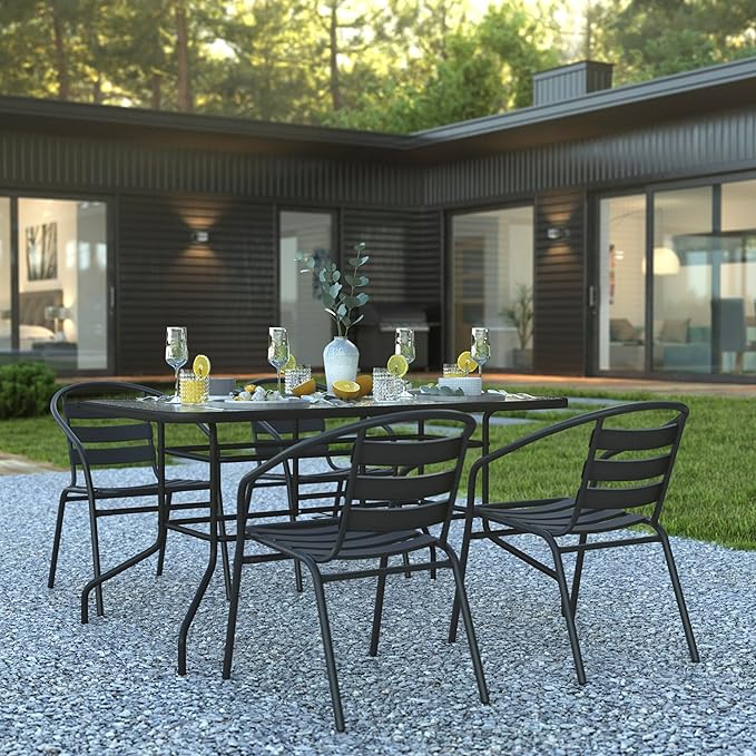 Flash Furniture Lila 5 Piece Patio Dining Set - 55" Tempered Glass Patio Table with Umbrella Hole - 4 Black Metal Aluminum Slat Stack Chairs