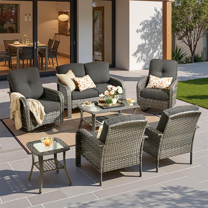 7 Pieces Patio Conversation Sets,Patio Furniture Set with Swivel Rocking Chairs,Coffee Table, Side Table, All Weather Rattan Wicker Outdoor Sectional Furniture Set for Porch Balcony Backyard Black