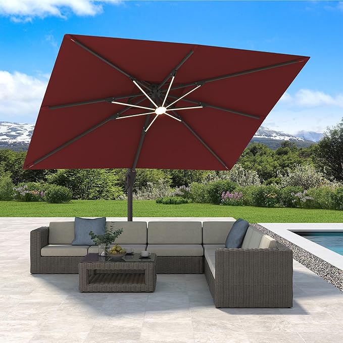 10' X 13' Cantilever Patio Umbrella with Base Included and Led Lights Double Top Rectangular Outdoor Large Offset Umbrellas with 7 Tilts Adjustable 360°Rotation for Deck Pool Garden Backyard, Red