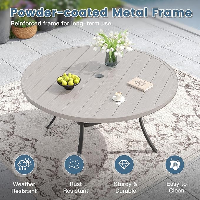DIFY 11 Pieces Outdoor Patio Dining Set for 10, 60" Grey Wood-Like Round Metal Dining Table and 10 Sandshell Stackable Textilene Patio Chairs, Outdoor Table and Chairs for Backyard Garden Poolside