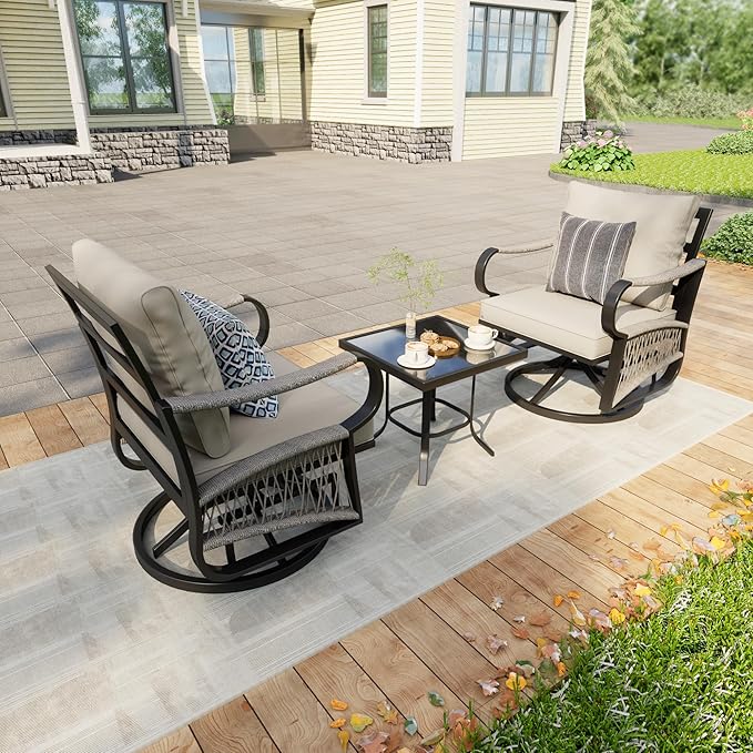 3 Pieces Glider Rocking Chairs, Outdoor Swivel Rocker Chairs with Thick Cushion, Patio Bistro Furniture Set with Side Table, Rope Conversation Sets for Porch Balcony Backyard Deck, Beige Cushions