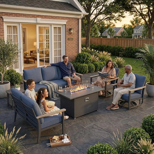 Aluminum Outdoor Patio Furniture Set with Swivel Rocking Chairs 7-Seat, Patio Sectional Sofa Patio Conversation Set with 55,000 BTU Fire Pit Table & High Backrest, Navy Blue