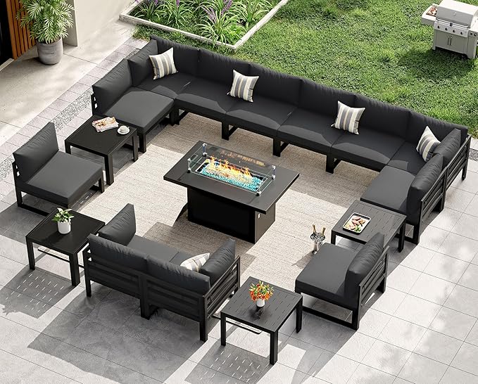 NICESOUL 17 Piece Luxury Aluminum Outdoor Sectional Sofa with Fire Pit Table & End Table, L Shaped Oversized Modular Patio Furniture Set, 500 lbs Heavy Duty Conversation Set for Backyard, Dark Gray