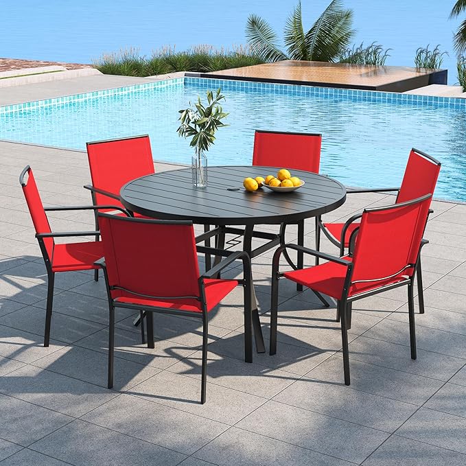 Anmutig 7-Piece Outdoor Dining Set, 48'' Round Table with 6 Stackable Chairs All Weather Furniture Set - Cherry Red