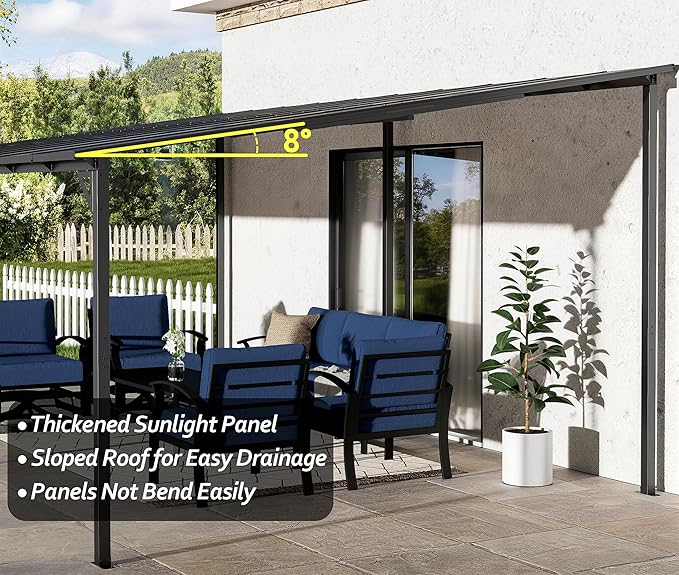 12' x 20' Lean to Gazeb,Hardtop Galvanized Steel Pergola with Sloped Polycarbonate Roof,Wall Mounted Gazebo Patio Canopy with Ground Anchor for Backyard Deck
