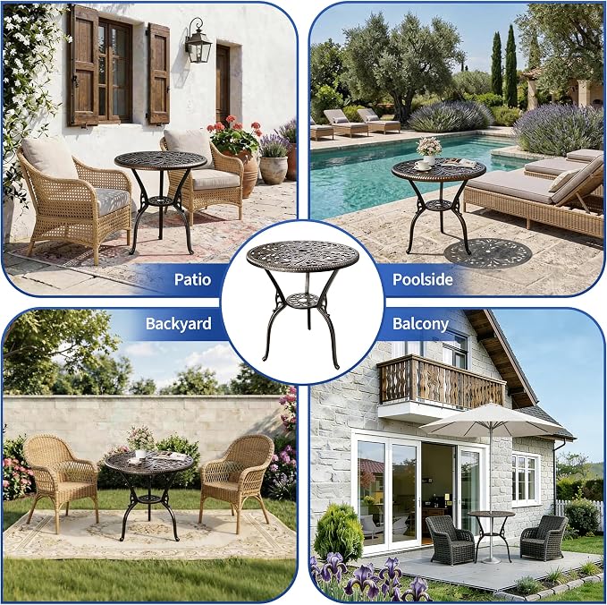Garvee 23" Round Patio Dining Table with Umbrella Hole,Antique Cast Aluminum Outdoor Bistro Table,Umbrella Table,Side Table,End Table,Outdoor Furniture for Backyard,Garden,Patio,Porch,Bronze