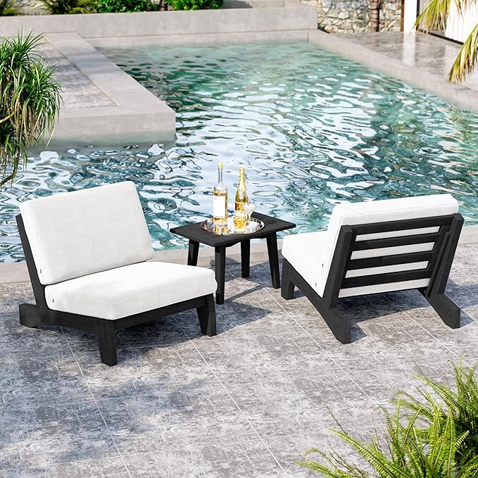 UIXE Black Wood Patio Furniture Sets, 4 Pieces All Weather Outdoor Sectional Futniture Patio Sofa Chair Backyard Conversation Set with Solid Wooden Coffee Table - Beige