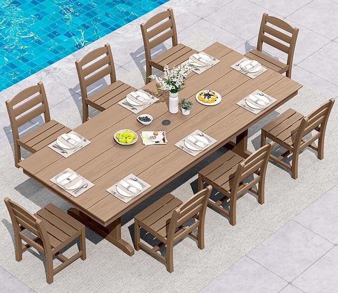 SERWALL 9 Piece Outdoor Dining Set, 84" HDPE Outdoor Table and Armless Chairs Set for 8，All Weather Patio Furniture Set with Umbrella Hole for Backyard, Garden, Brown