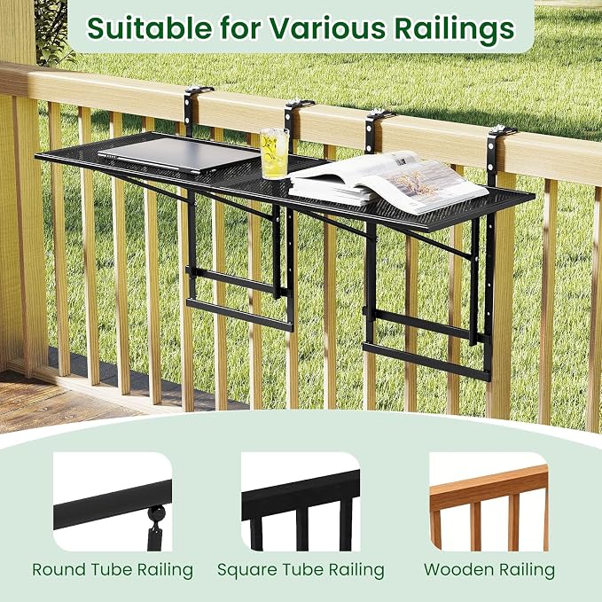 Tangkula Balcony Railing Table, 48" Outdoor Space-Saving Folding Hanging Table with 5-Level Adjustable Height, Metal Frame, Fits Railings Up to 1.5"-3.5" Thick for Patio, Porch, Deck