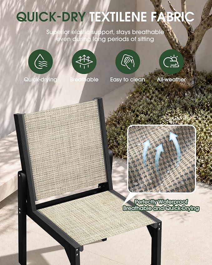 Patio Stackable Chairs Set of 2, HDPE Armless Outdoor Dining Chairs with Wide Seat, All-Weather Textilene Oversized Porch Chair for Garden, Poolside, Backyard, Deck | Black