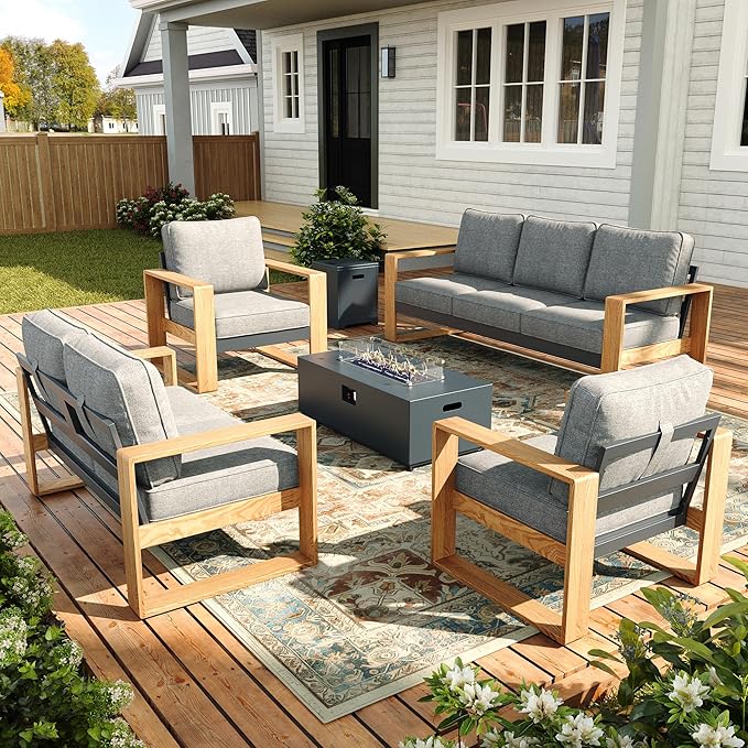 Oversized Aluminum Outdoor Patio Furniture Set, 5-Piece Modern Sectional Conversation Sets with Fire Pit Table, Wide Seat and Thick Cushions