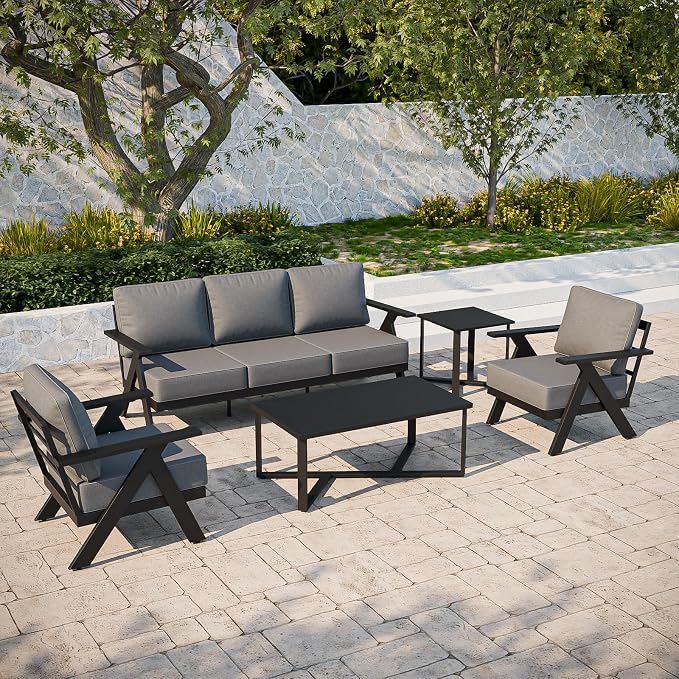 COOS BAY Iron Luxe 5 Piece Outdoor Patio Furniture Set, Modern Patio Conversation Set with 2 Patio Chairs, a 3 Seat Couch, Coffee Table & Side Table for Deck, Garden, Porch, Black/Gray