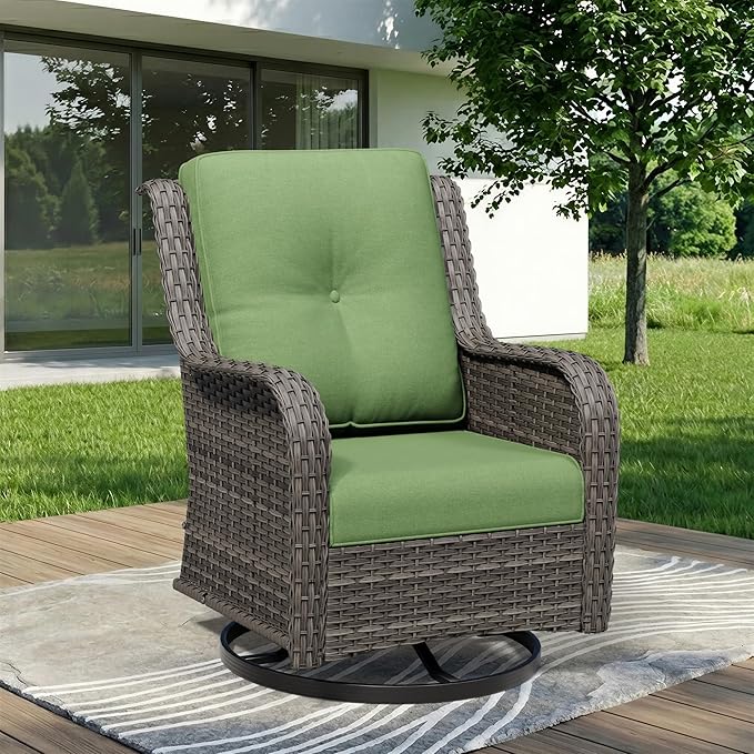 Outdoor Swivel Rocker Patio Chair - Outdoor Wicker Patio Furniture with Thickened Olefin Cushions, High Back and Deep Seating, Hand-Woven PE Rattan for Porch, Deck, Balcony, Green