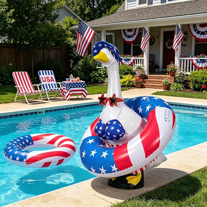 Bikini Porch Goose Outfits Fits 23" Goose Statue Summer Porch Goose Outfit | Independence Day Goose Costume, Hat & Sunglasses Included, Star-Spangled Swim Ring, US 250th Anniversary Garden Decor