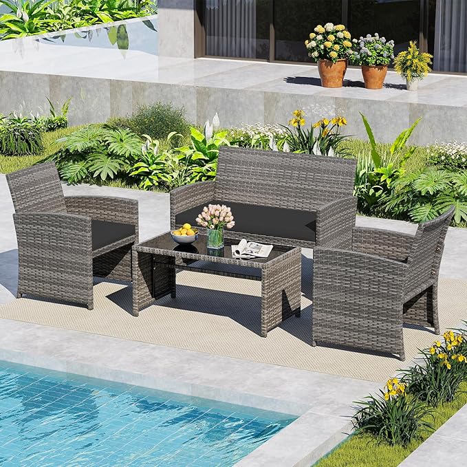 HAPPYGRILL 4 Piece Rattan Wicker Patio Conversation Set, Outdoor Furniture with Chair Loveseat Table & Cushion, for Backyard Porch Balcony (1, Black)