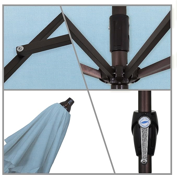 California Umbrella 7.5' Round Sunbrella Aluminum Outdoor Deck, Pool or Patio Umbrella, Crank Lift, Auto Tilt, Bronze Pole, Air Blue