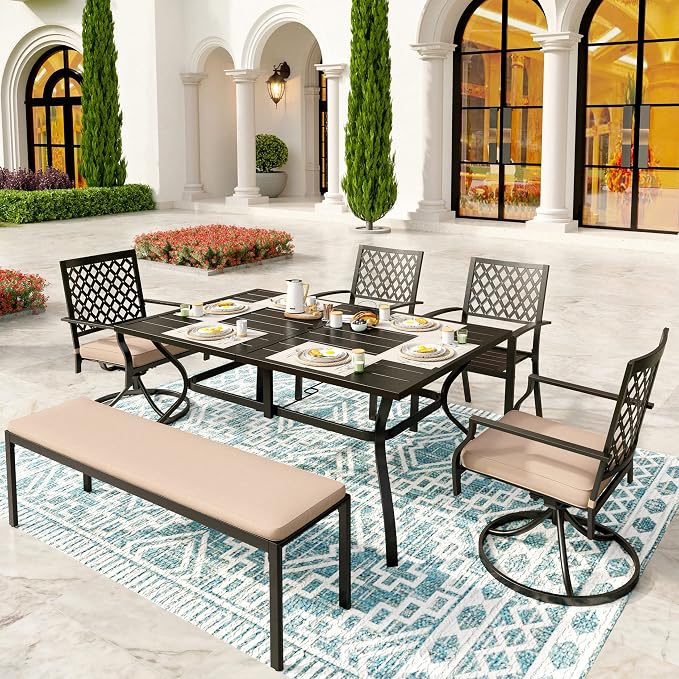 SUNSHINE VALLEY Patio Dining Set,60x38 Outdoor Table w/Swivel Chairs | 60x36 Outdoor Table and Chairs Set with Umbrella Hole, 2 Leg Chairs, 2 Swivel Chairs, 1 Metal Table and 1 Cushioned Bench
