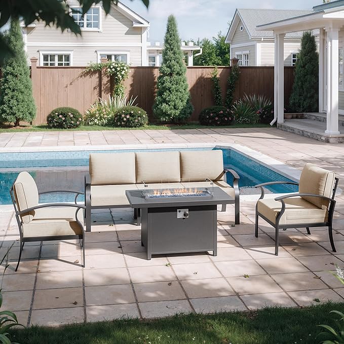Kurapika Aluminum Patio Furniture Set 5-Seat Modern Metal Outdoor Conversation Sets w/45in Propane Fire Pit Table, w/5.1 Inch Cushion Patio Sectional Sofa w/5.1 inch Cushion, Sand