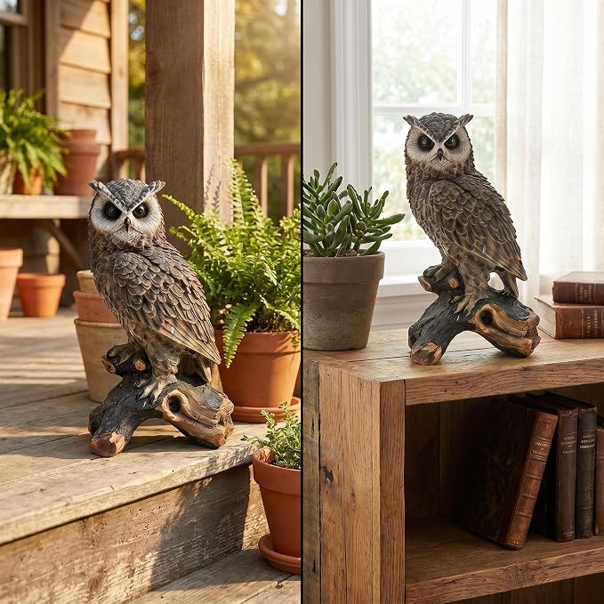 18.98" Hand-Painted Resin Owl Garden Statue | Lifelike Woodland Animal Figurine, Durable Yard Sculpture, Branch Base, Outdoor Patio, Lawn & Nature Decor