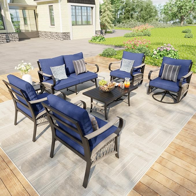 7 Pieces Modern Patio Furniture Set, All Weather Metal Outdoor Conversation Sets with 5.1" Extra Thick Cushion for Backyard Garden Deck Porch Poolside, Blue
