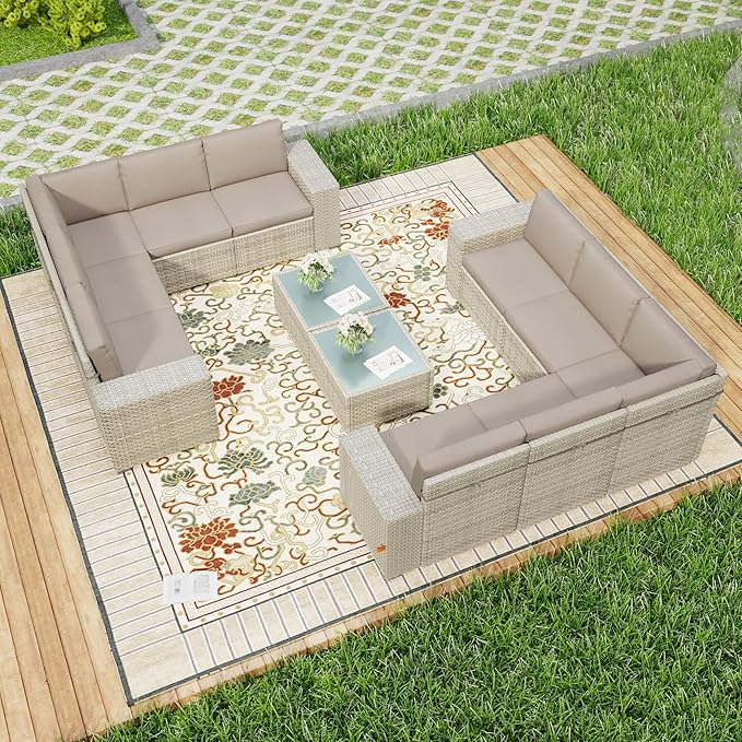 12 Piece Patio Furniture Set, 8" Wide Arm Sectional Sofa Set with Coffee Table, High-Back All-Weather Rattan Outdoor Conversation Set for Garden, Porch, Lawn, Khaki