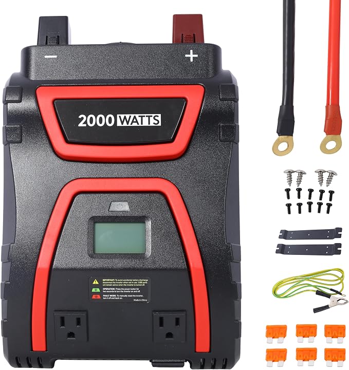 2000 Watt Power Inverter Modified Sine Wave 12v to 115v AC with 3 Sockets Dual USB Type C Ports and LCD Display Heavy Duty Car Power Inverter for Truck Rv Boat Camping Emergency Power