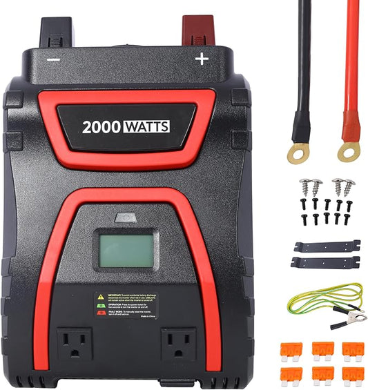 2000 Watt Power Inverter Modified Sine Wave 12v to 115v AC with 3 Sockets Dual USB Type C Ports and LCD Display Heavy Duty Car Power Inverter for Truck Rv Boat Camping Emergency Power