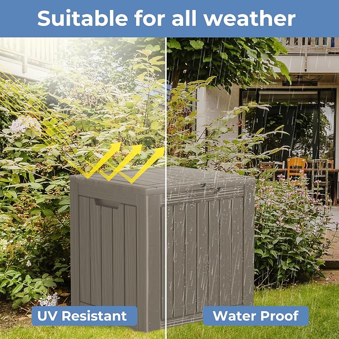 TARKARI 35 Gallon Small Waterproof Outdoor Storage Box, Resin Deck Box Lockable for Patio Furniture, Garden Tools, Pool Accessories, UV-Resistant for All Weather Use, Greige