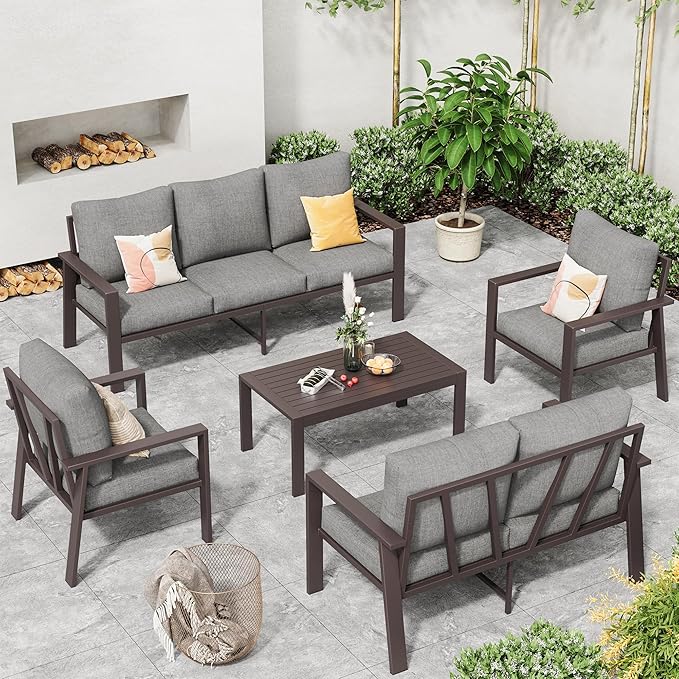 Aluminum Patio Conversation Set 5-Piece All-Weather Outdoor Sectional Sofa with 4" Cushions, Modular Patio Set for Porch Poolside Deck Yard