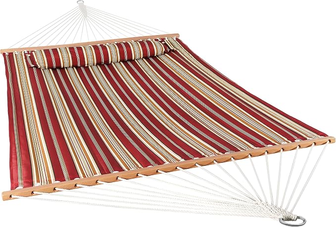 Sunnydaze Set of 2 Outdoor Quilted Fabric Hammocks - 2-Person Hammock with Spreader Bars – Red Stripe and Blue/Green Stripe