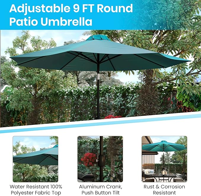 EMMA + OLIVER 9' Teal Outdoor Patio Umbrella With Easy To Use Crank And Tilt Function - Round Patio Table Umbrella with 1.5" Diameter Steel Pole