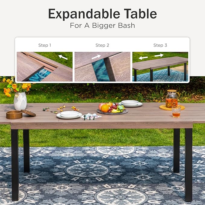 PHI VILLA Patio Dining Table and Chairs, 2 Swivel & 4 Stable Patio Dining Chairs, Exdentable Dining Table with Wooden Like Table Top,Sturdy Metal Frame and Textilene Quick-Dry Fabric