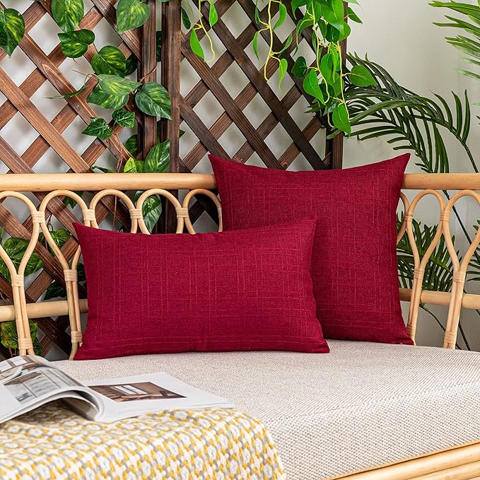 Kevin Textile Outdoor Waterproof 22”x22” Pillow Covers 2 Pack, Red | Water Resistant, Soft Faux Linen-cotton Yarn-dyed Woven Texture Throw Pillow Covers for Tent Patio Garden Couch Sofa