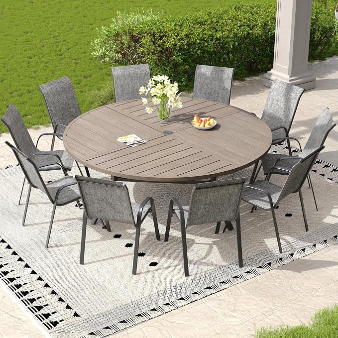 11 Pieces Outdoor Dining Set, 63.1" Spliced Patio Table with Umbrella Hole & Stackable Outdoor Dining Chairs, Patio Furniture Set for Deck Garden Porch, Grey Chairs & Grey Table