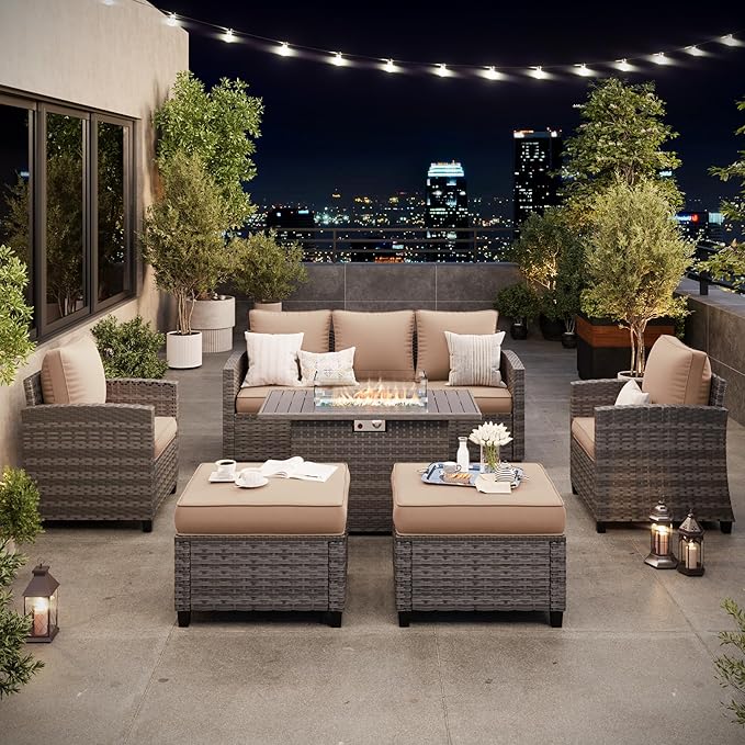 6 Pieces Patio Furniture Set with 44" Gas Fire Pit Table, Outdoor Sectional Conversation Sets, All-Weather Wicker Rattan Sofa w/Gas Fire Pit, Ottoman, Thick Cushion Khaki