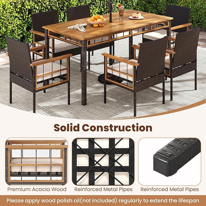 Tangkula 7 Pieces Wicker Patio Dining Set, Outdoor Acacia Wood Rectangular Table with 1.97” Umbrella Hole and Cushioned Chairs, Outside Conversation Furniture Set for Deck, Garden and Backyard