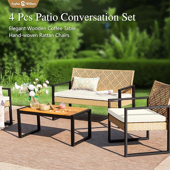 Sophia & William 4 Pieces Patio Conversation Set, Wicker Outdoor Furniture Set for 4, All Weather Outdoor Seating Set, Rattan Loveseat & Chairs with Cushions & Coffee Table，Yellow and Beige