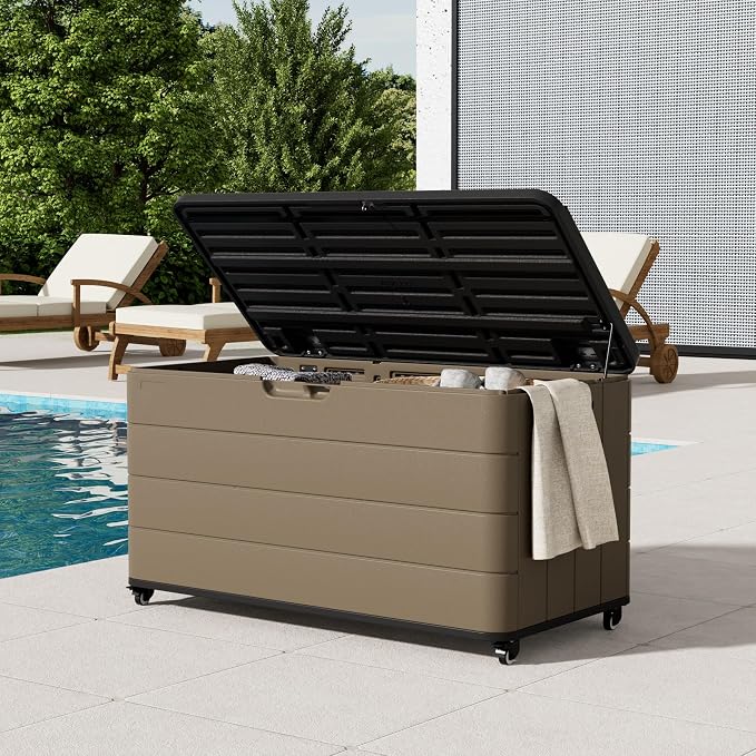 Mrosaa 110 Gallon Deck Box Waterproof with Wheels - Mobile Double-Wall Resin Outdoor Storage Box for Patio, Pool, & Garden - Lockable Deck Storage for Cushions, Pool Floats, Boat Slip (Brown)