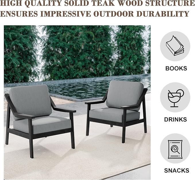 Outdoor Patio Furniture Set, 2 Piece Outdoor Patio Sofa Armchairs with Washable Thick Cushions, All-Weather Solid Wood Patio Bistro Set for Porch, Balcony, Black Frame & Gray Cushion