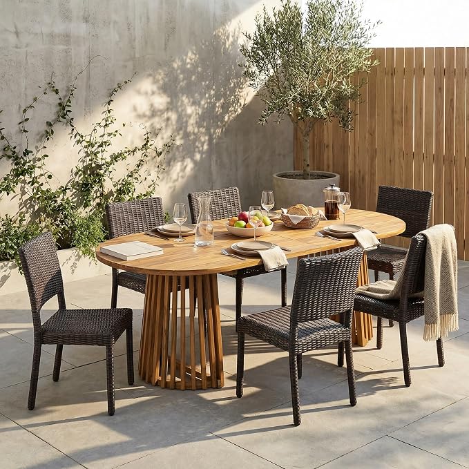 Christopher Knight Home Farley Acacia Wood Outdoor Dining Set for 6, 7 Piece Patio Dining Table and Chair Set, Faux Rattan Outdoor Dining Chair and Table Set, Teak+Brown