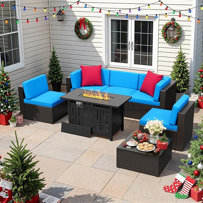 Flamaker 7 Pieces Patio Furniture Set with Fire Pit Table Outdoor Sectional Patio Sofa Furniture Set with Gas Fire Pit and Coffee Table & Ottoman Cushion Pillows, Blue