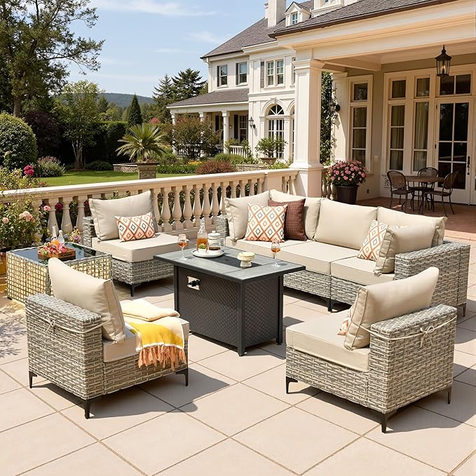 8 Pieces Patio Furniture Set with 42" Fire Pit, All-Weather Rattan Outdoor Sectional Conversation Sets L Shaped Sofas with Solar Light Coffee Table for Porch Balcony Backyard Beige
