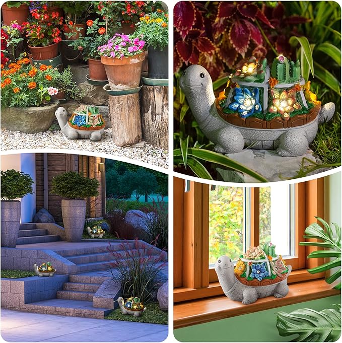 LESES Garden Statues, Turtle Solar Garden Outdoor Statues Lawn Ornaments with Cactus & LED Lights, Tortoise Figurines Outdoor Clearance Funny Decorations for Patio Balcony