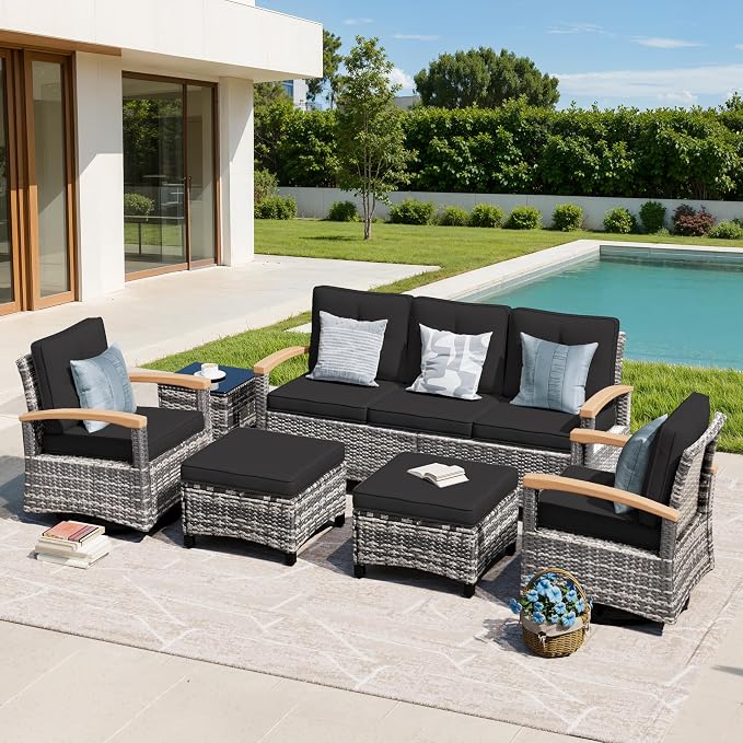 MEISSALIVVE 6 Pieces Patio Furniture Sets,Wicker Patio Conversation Sets with 2 Wood Armrests Swivel Glide Chairs, 2 Ottomans for Deck Yard and Poolside (Black)
