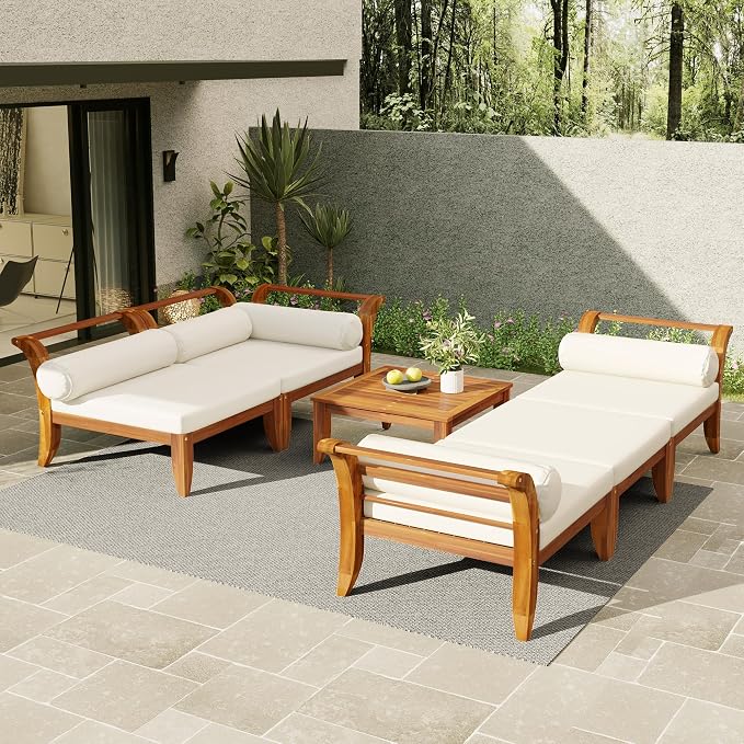 JIVOIT 6 Piece Acacia Wood Patio Sofa Set, Outdoor Modular Sectional Garden Furniture Set with Tea Table, Ottoman, 5 Cushions and Pillows, L-Shaped Conversation Daybed for Patios, Poolsides, Gardens