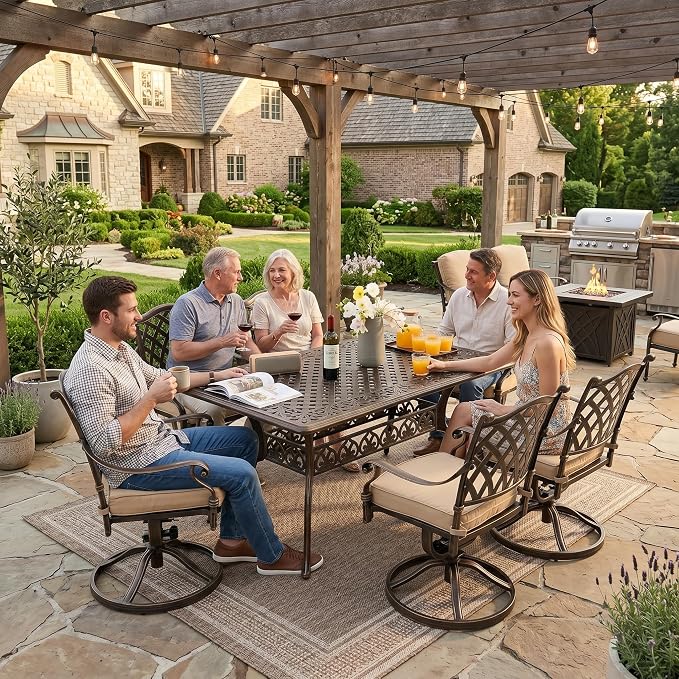 7-Pcs Cast Aluminum Patio Dining Set with 6 Swivel Chairs,Bronze | Outdoor Furniture Set Include 59" Rectangular Dining Table and 6 Swivel Chairs with Cushions & Umbrella Hole