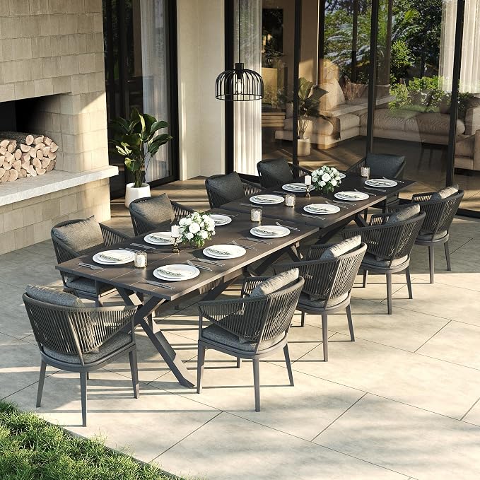 LayinSun 12 Piece Outdoor Dining Table Set, Aluminum Modern Rectangular Dining Table and All-Weather Wicker Chairs Set for Patio Deck Indoor Decor Kitchen