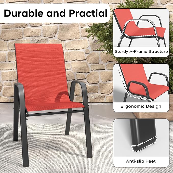 KEIKI 7-Piece Outdoor Patio Dining Set, Waterproof Patio Table and Chairs for 6, Rectangular Wood-Grain Metal Table with Umbrella Hole for Lawn Garden Backyard, Black+Red